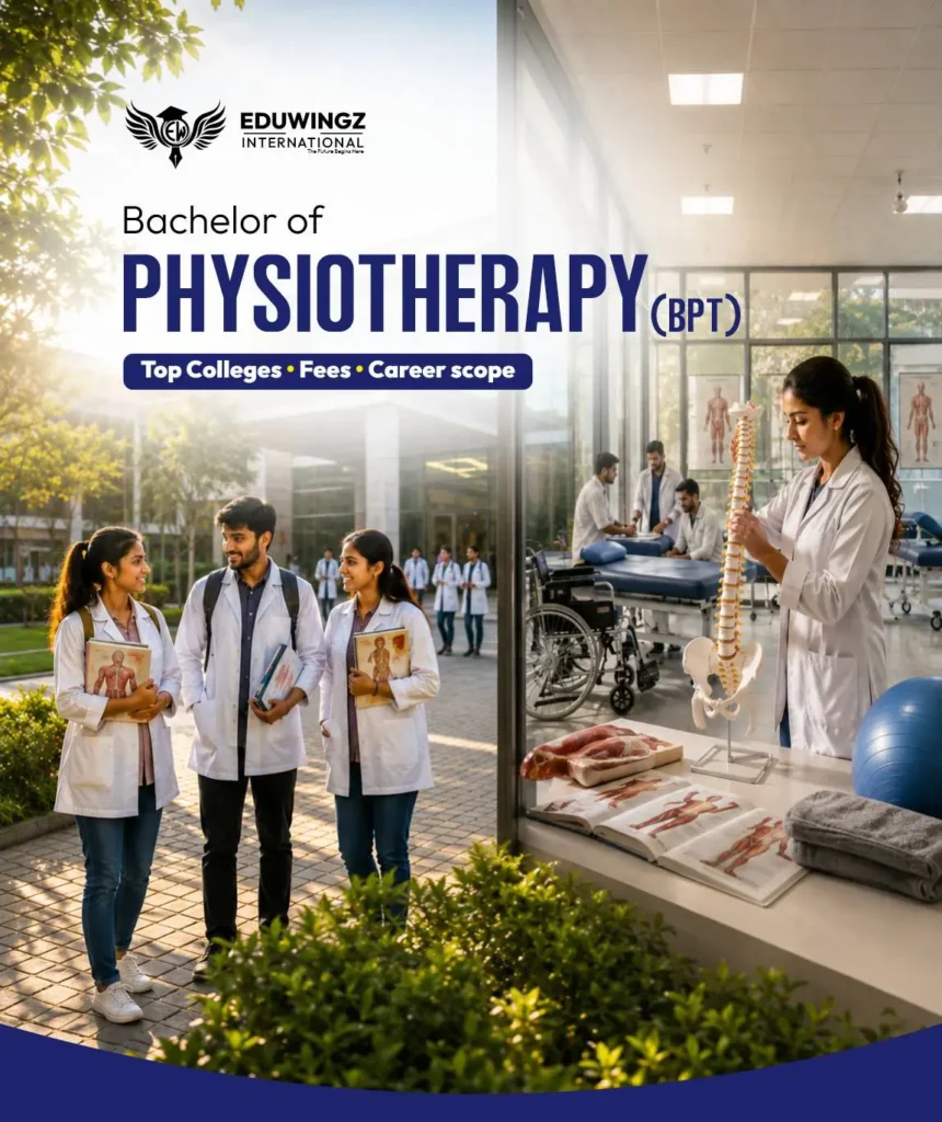 Bachelor of Physiotherapy (BPT) students in white coats walking outside a medical campus alongside a physiotherapy training lab with clinical equipment and anatomy models.